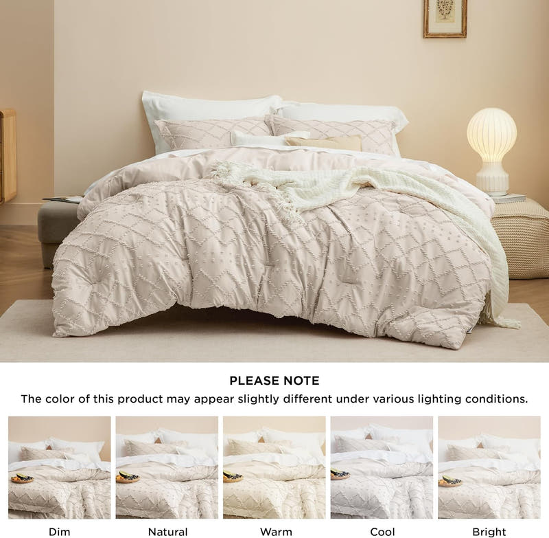 Juego de edredón tamaño queen, edredón beige, juego de edredón bohemio con mechones estilo shabby chic, juego de cama vintage de 3 piezas para todas las estaciones, juego de cama suave y esponjoso con 2 fundas de almohada