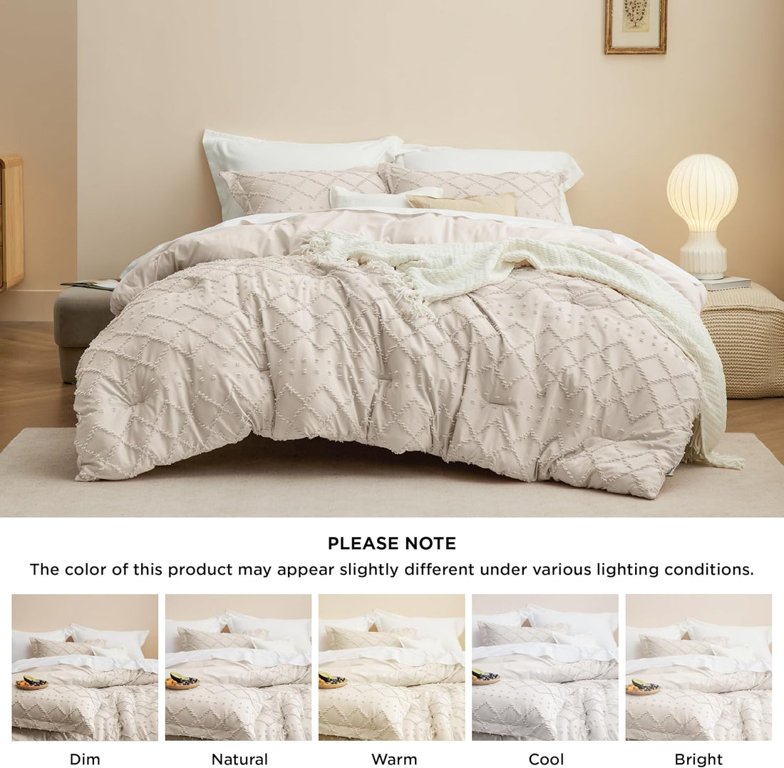 Juego de edredón tamaño queen, edredón beige, juego de edredón bohemio con mechones estilo shabby chic, juego de cama vintage de 3 piezas para todas las estaciones, juego de cama suave y esponjoso con 2 fundas de almohada