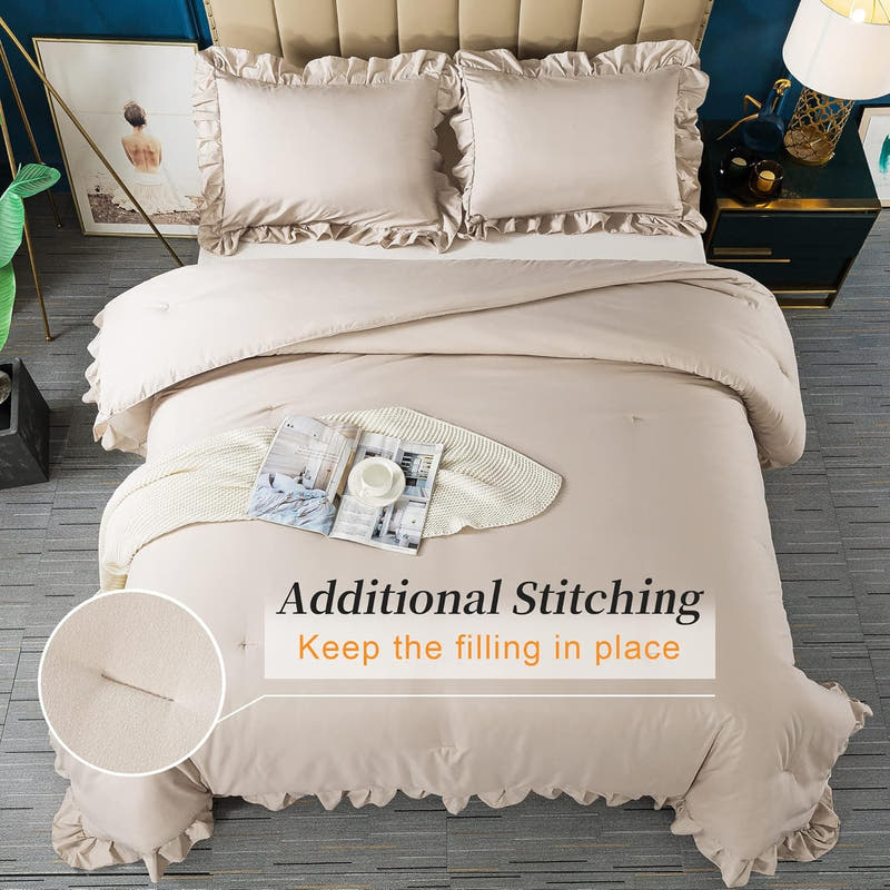 Juego de edredón Queen de color caqui, juego de cama Shabby Chic de estilo rústico de 3 piezas para cama Queen, juego de cama de microfibra suave y liviano para todas las estaciones para hombres y mujeres
