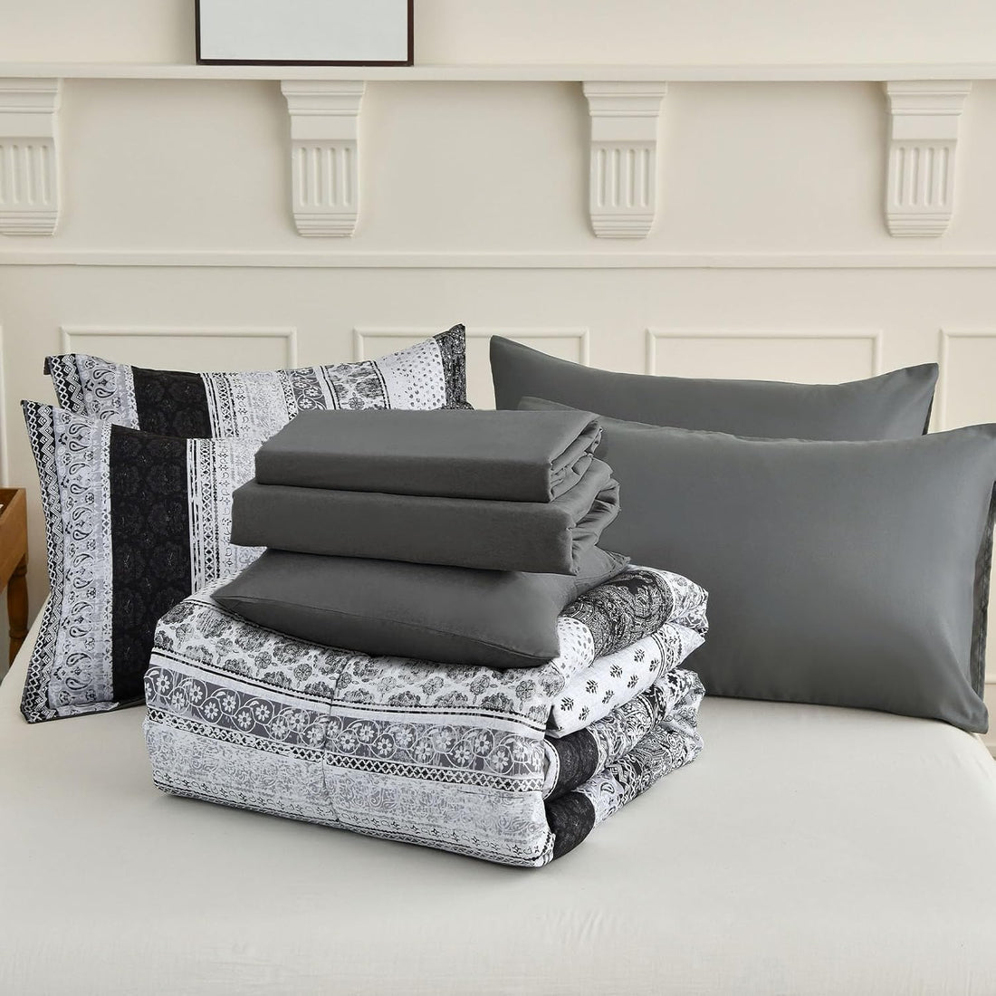 Juego de cama con estampado floral bohemio en una bolsa: juego de 8 piezas de edredón de microfibra a rayas