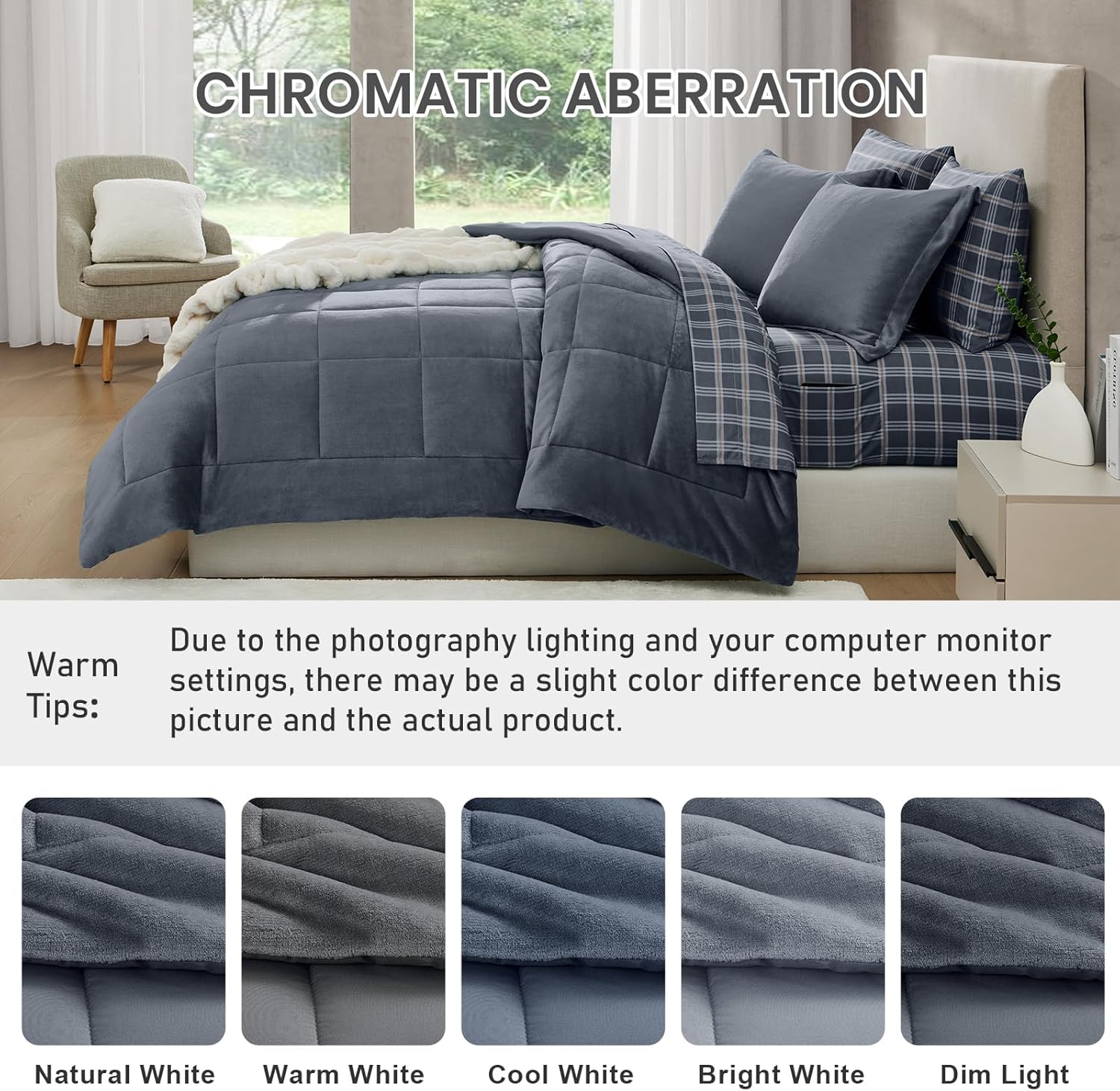 Fleece Queen Comforter Set-7 Pieces Bed in A Bag Queen,Blue Grey Plush Bedding Comforter Sets, Soft Warm Queen Comforter Set with Sheets,Comforter,Pillowcases and Shams