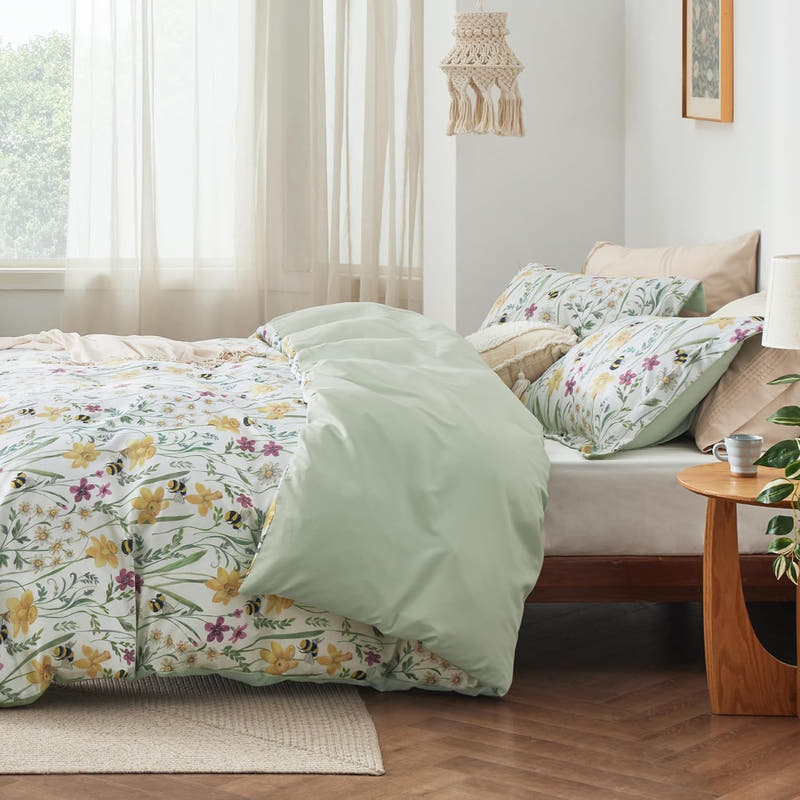 Juego de edredón reversible con motivos florales, 3 piezas. Juego de ropa de cama botánico