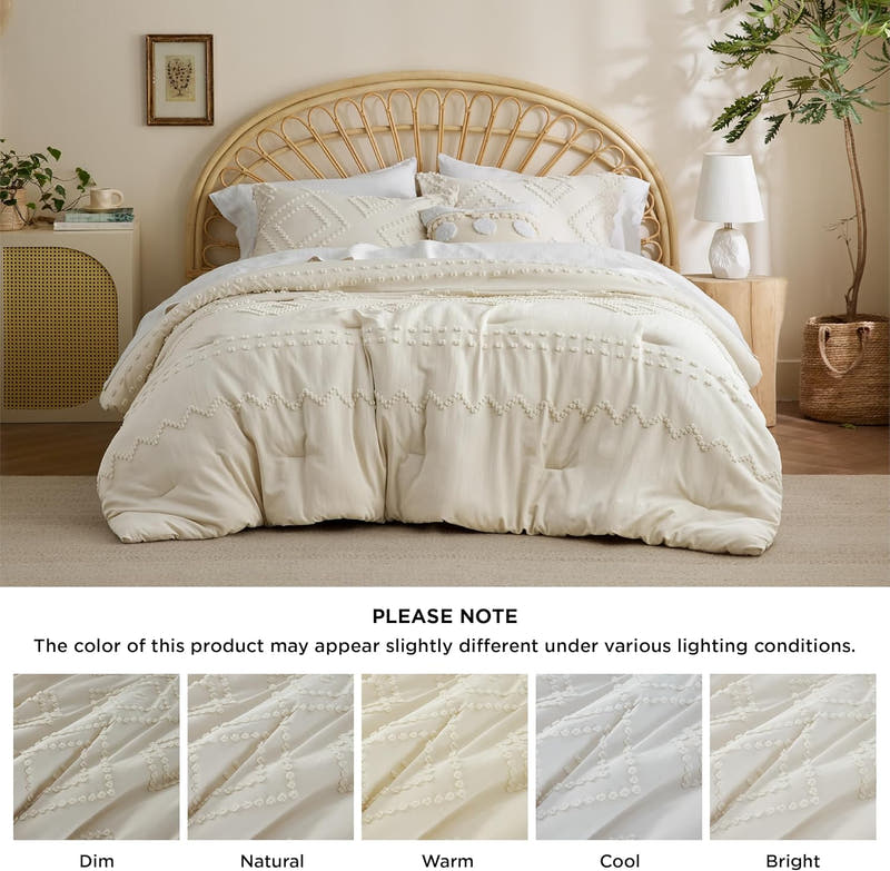 Juego de edredón tamaño queen, edredón blanco, juego de edredón bohemio con mechones estilo shabby chic, juego de cama vintage de 3 piezas para todas las estaciones, juego de cama suave y esponjoso con 2 fundas de almohada 