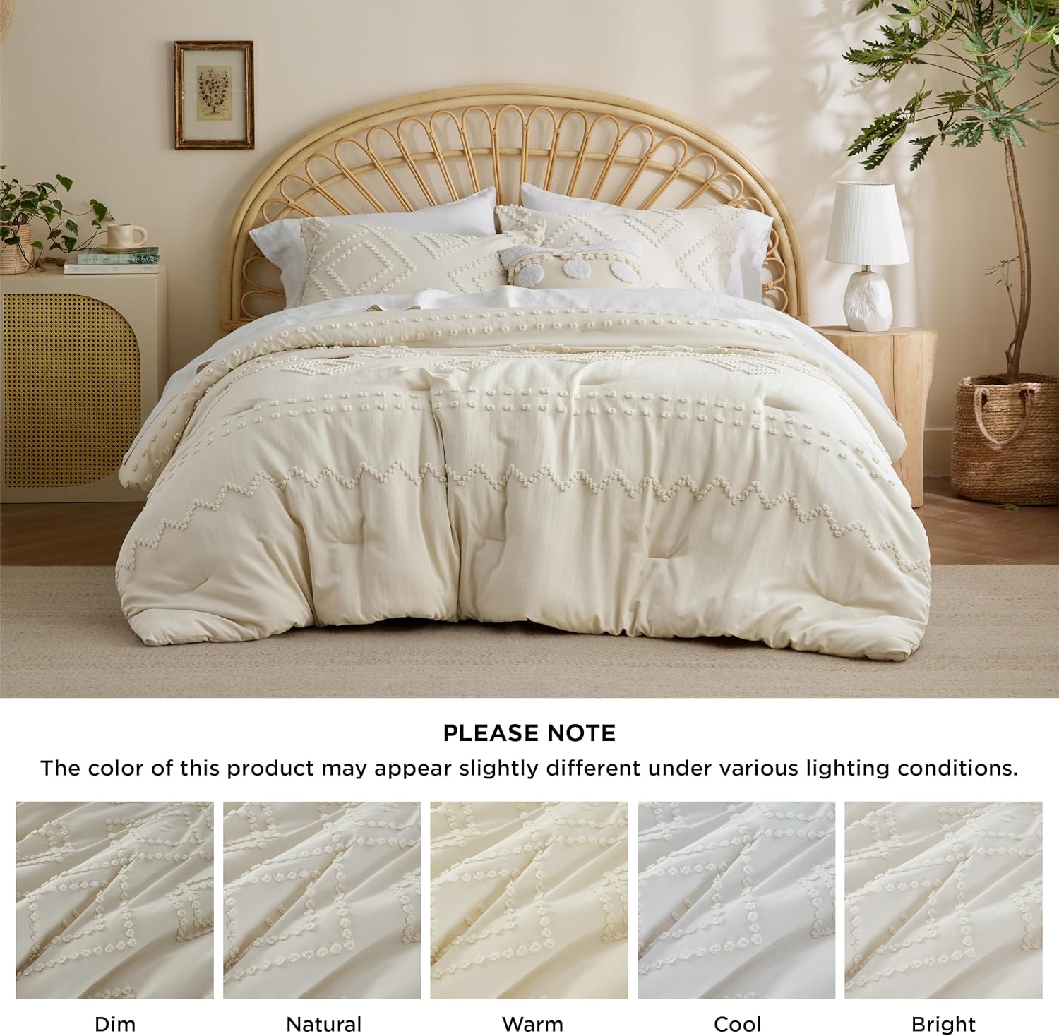 Queen Comforter Set - White Comforter, Boho Tufted Shabby Chic Bedding Comforter Set, 3 Pieces Vintage Farmhouse Bed Set for All Seasons, Fluffy Soft Bedding Set with 2 Pillow Shams