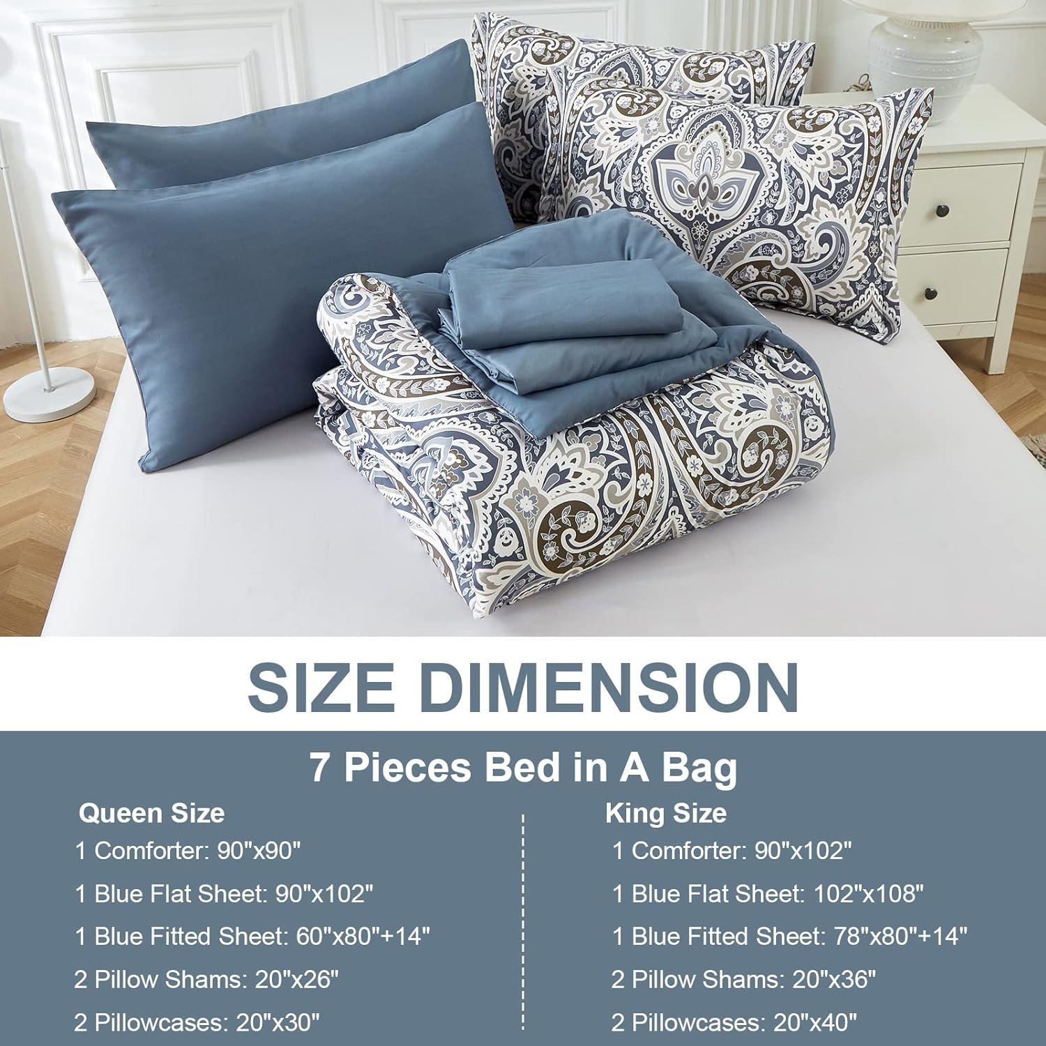 Paisley Pattern Bed in a Bag Set - 7 Pcs Blue Boho Comforter Set