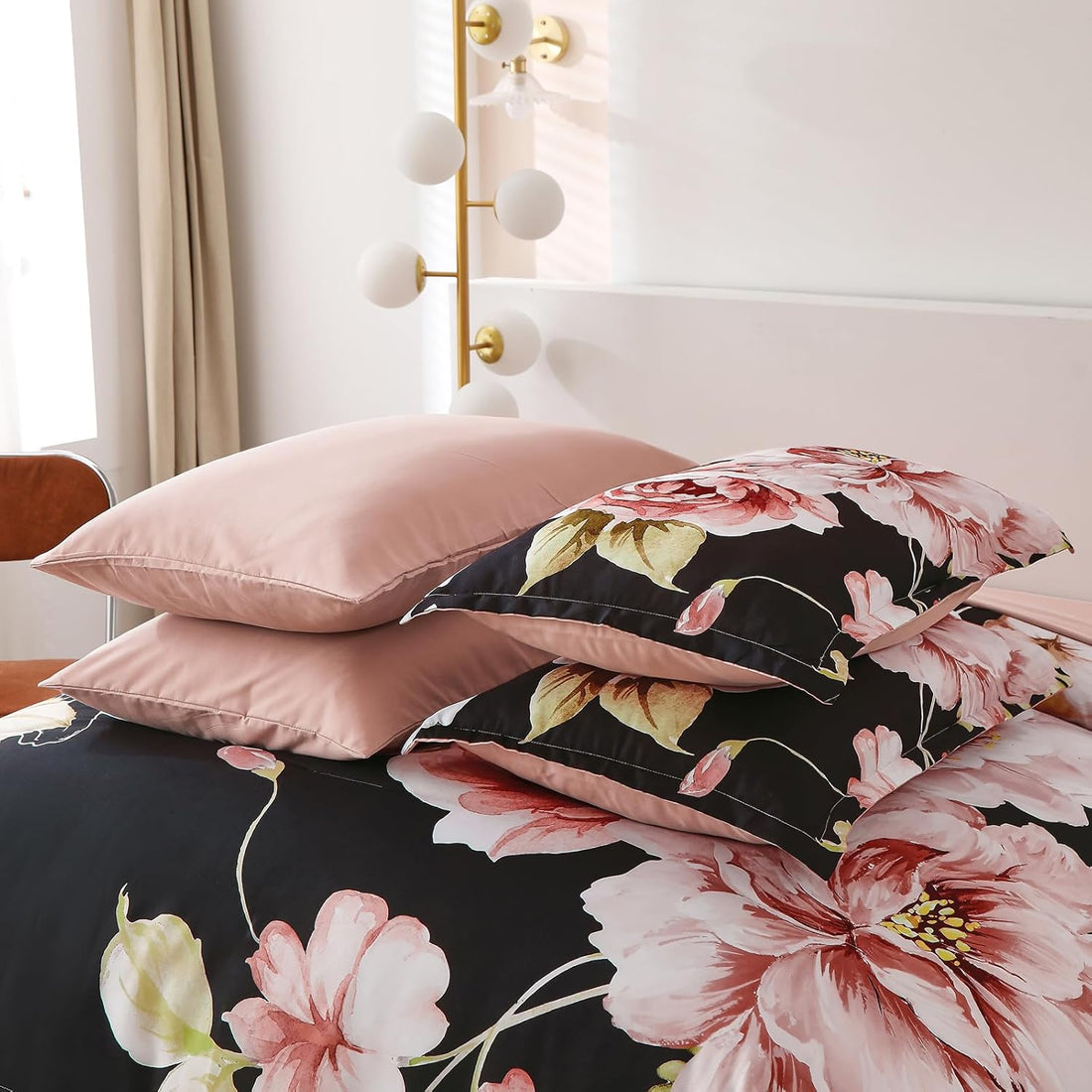 Juego de cama con estampado floral en una bolsa: juego de 7 piezas de edredón con estampado floral rosa