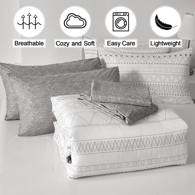 Juego de cama reversible bohemio moderno en una bolsa: juego de 7 piezas de edredón con rayas geométricas