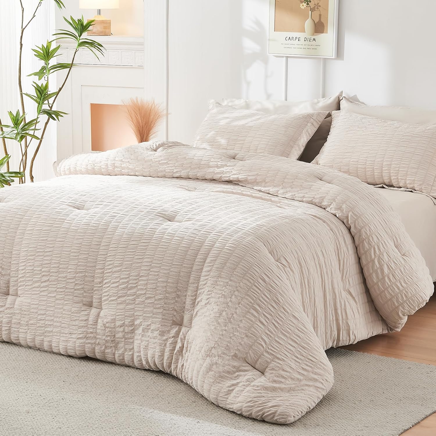 Crinkle Seersucker Bed in a Bag Set - 7 Pcs Beige Textured Comforter Set