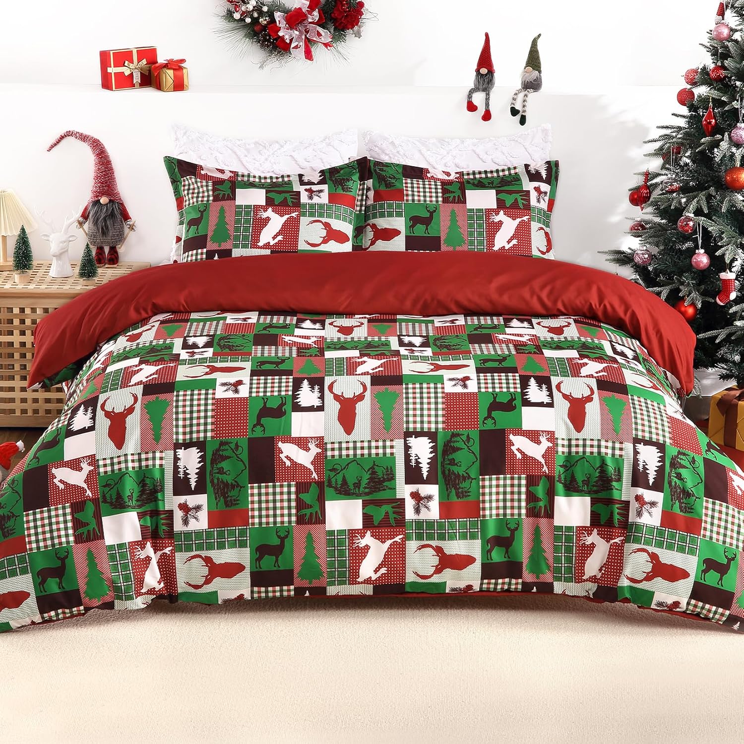 Christmas Duvet Cover Set - 3 Pcs. Reindeer Multi-Colored Patchwork
