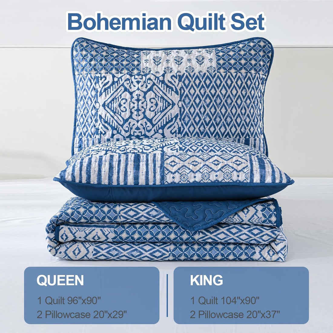Floral Boho Geometric Patchwork Quilt Set - 3 Pcs Coverlet Set