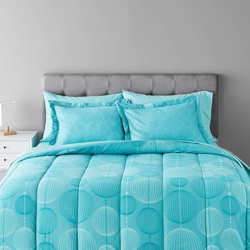 Juego de edredón tamaño matrimonial o queen con sábanas, ropa de cama industrial verde azulado de 5 piezas, microfibra liviana Bed-in-a-Bag