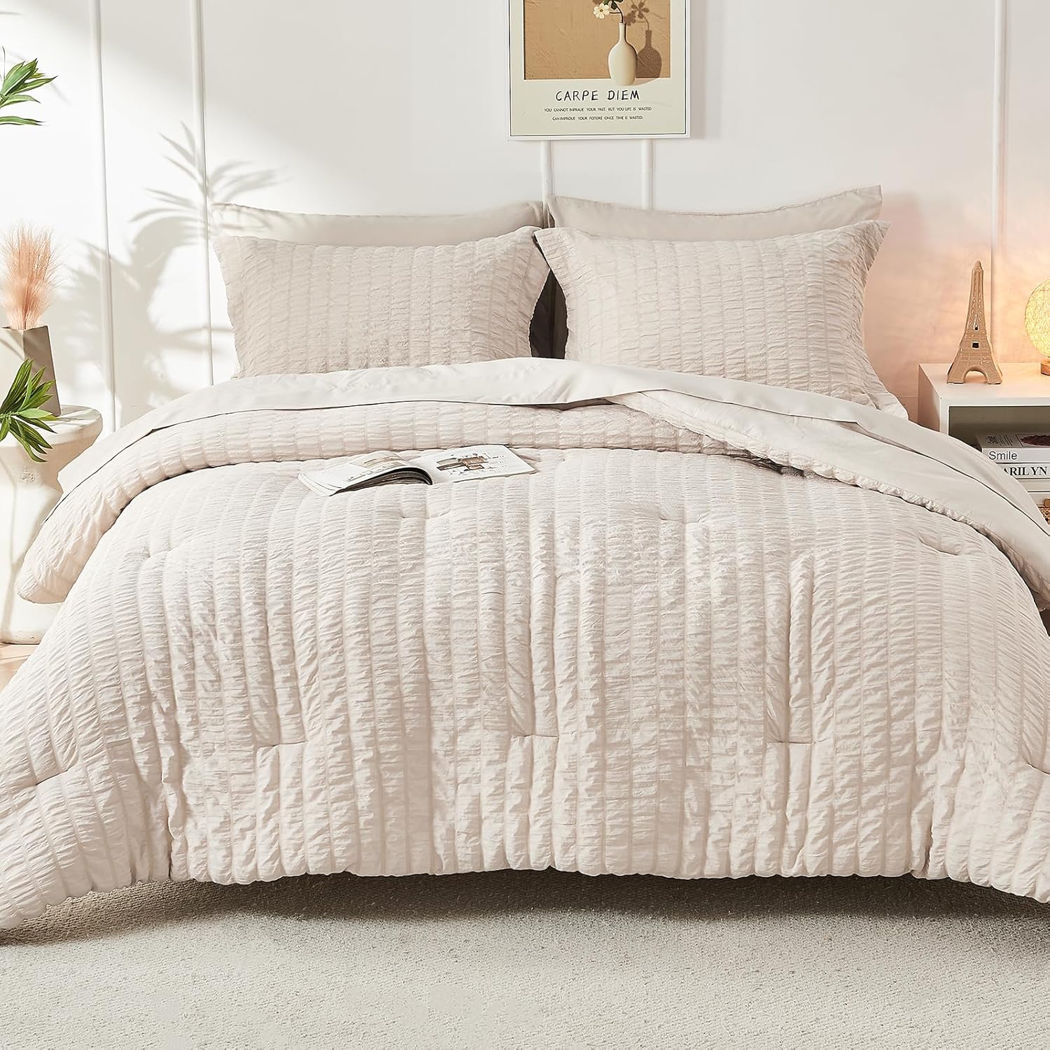 Crinkle Seersucker Bed in a Bag Set - 7 Pcs Beige Textured Comforter Set