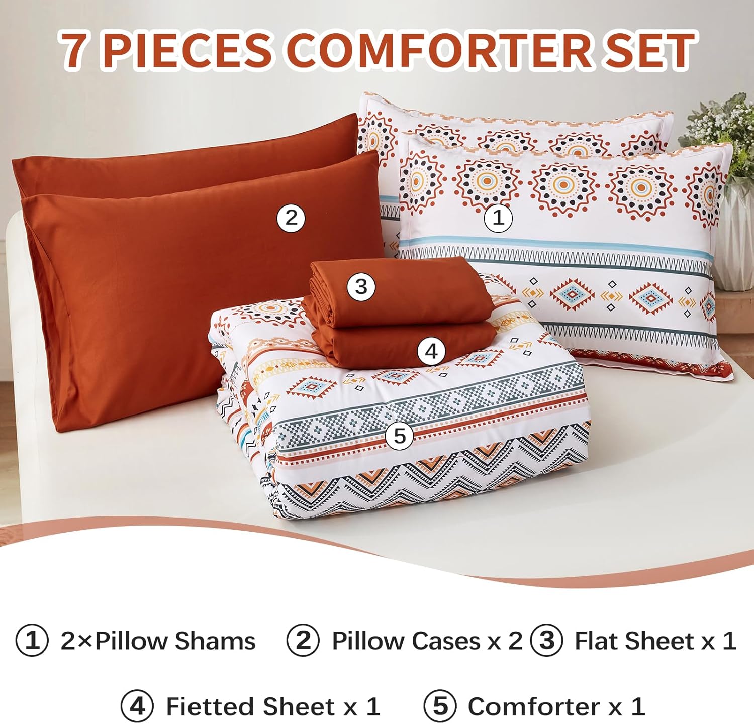 Boho Striped Bed in a Bag Set - 7 Pcs Microfiber Comforter Bedding Set