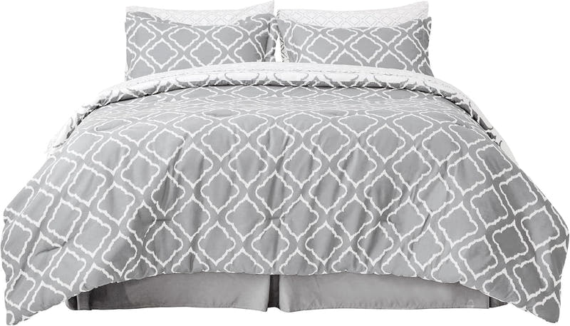 Juego de cama reversible Quatrefoil en una bolsa: juego de 7 piezas de edredón geométrico gris