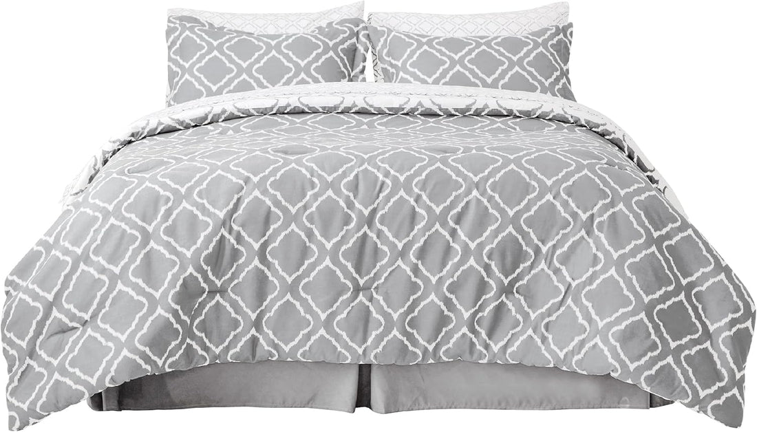 Juego de cama reversible Quatrefoil en una bolsa: juego de 7 piezas de edredón geométrico gris