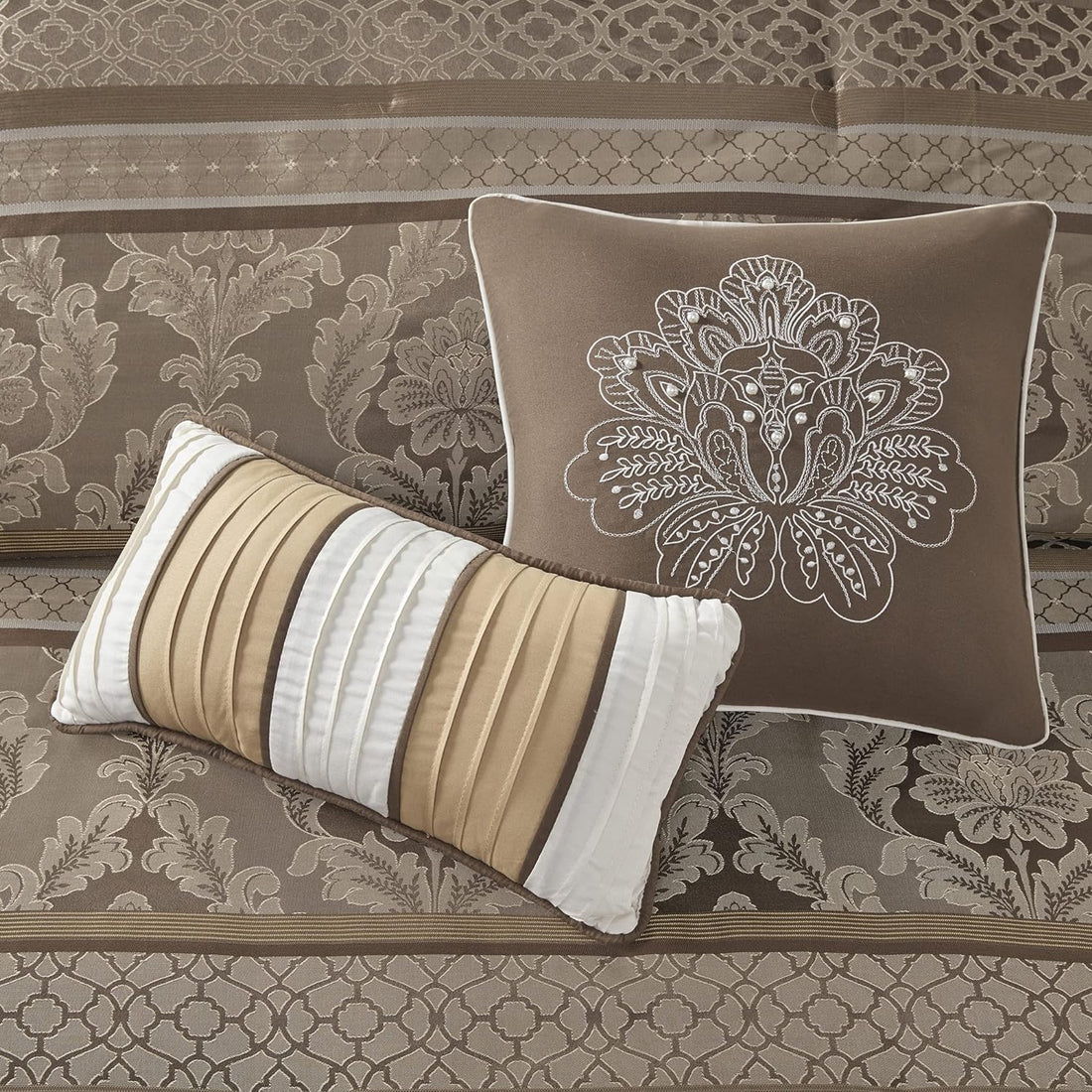 Luxe Jacquard with Damask Design Bed in a Bag Set - 7 Pcs. with Matching Shams, Bed Skirt