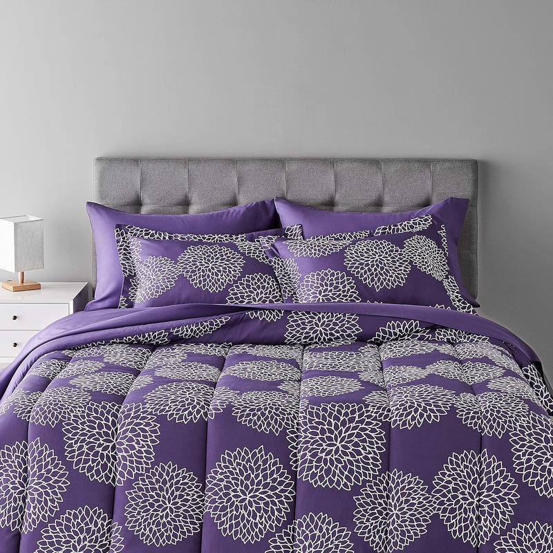 Juego de edredón tamaño matrimonial/queen con sábanas, ropa de cama de 5 piezas con estampado floral morado, microfibra liviana Bed-in-a-Bag