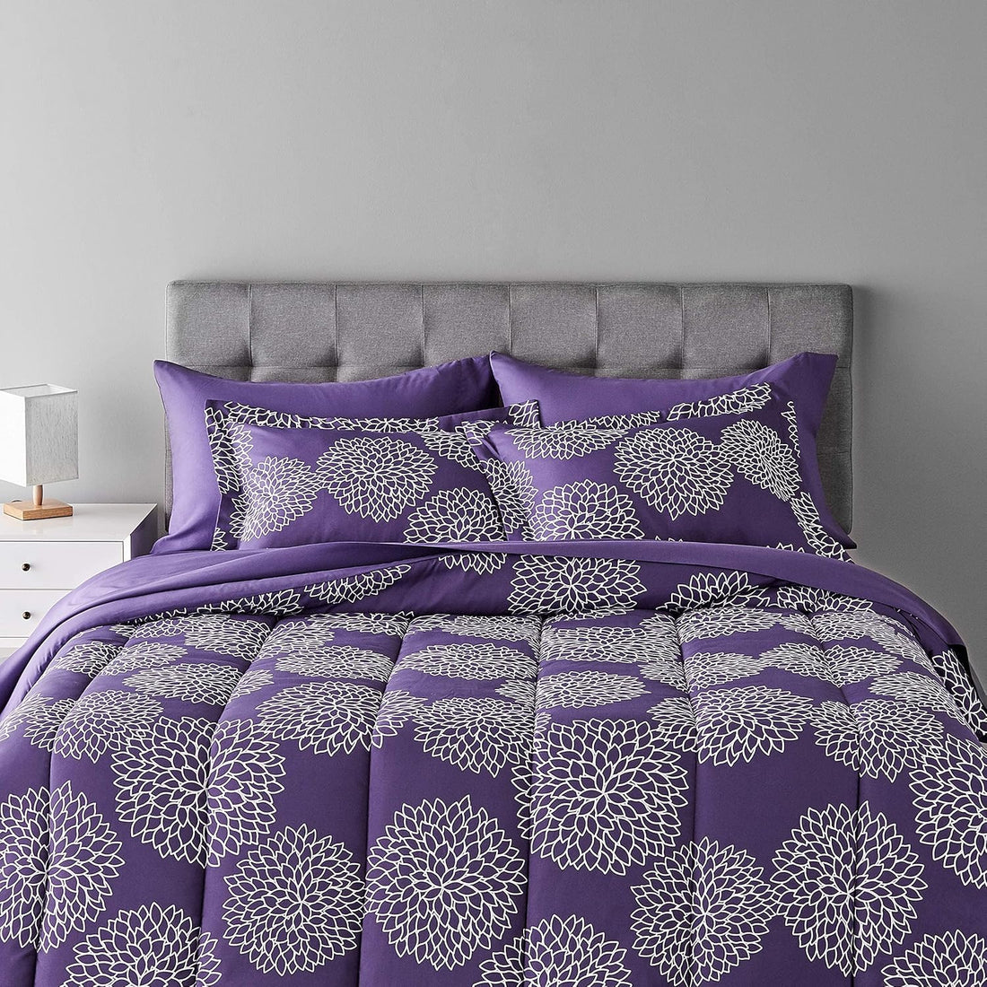 Full/Queen Comforter Set with Sheets, 5-Piece Purple Floral Bedding, Lightweight Microfiber Bed-in-a-Bag