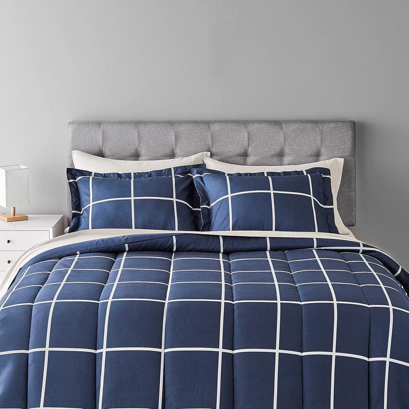 Juego de edredón tamaño matrimonial/queen con sábanas, 5 piezas, ropa de cama a cuadros azul marino y gris, microfibra liviana Bed-in-a-Bag