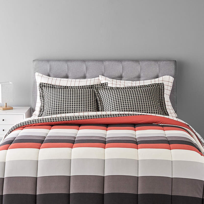 Juego de edredón reversible tamaño matrimonial/queen con sábanas, juego de cama de 5 piezas con rayas simples rojas, microfibra liviana Bed-in-a-Bag