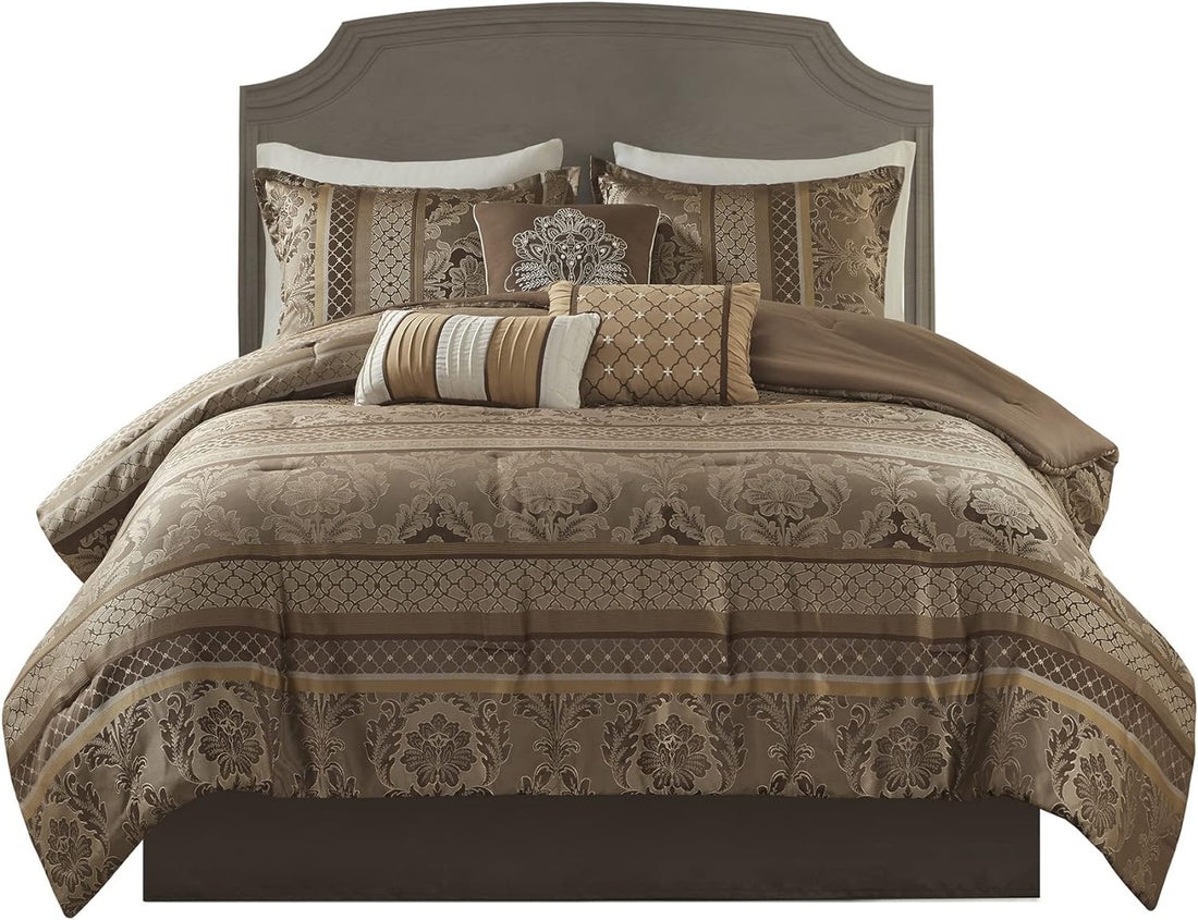 Luxe Jacquard with Damask Design Bed in a Bag Set - 7 Pcs. with Matching Shams, Bed Skirt