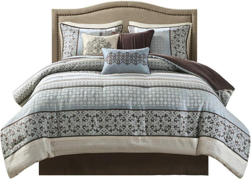 Juego de cama en bolsa de lujo con diseño de damasco y jacquard: 7 piezas con fundas de almohada y faldón de cama a juego